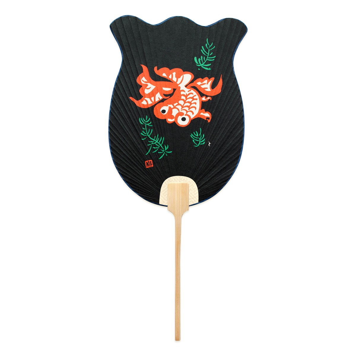 徳力版画 団扇 金魚鉢型 出目金魚（黒地） 2枚目