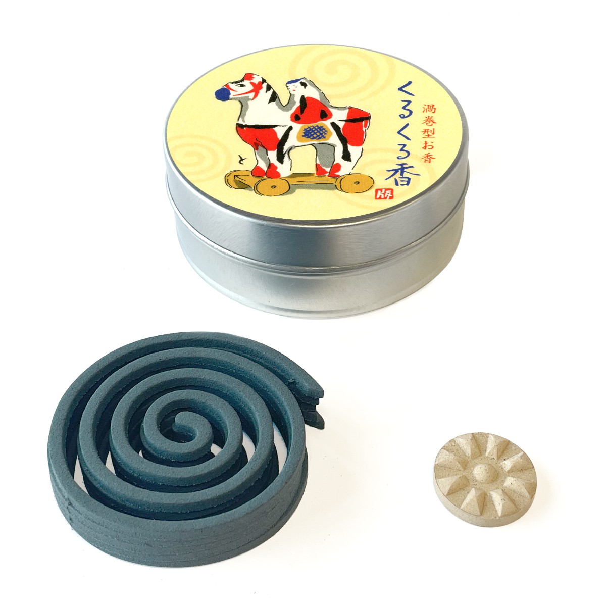 【正月や】くるくる香 丸缶入り 張子（香5巻入・香台付） 2枚目