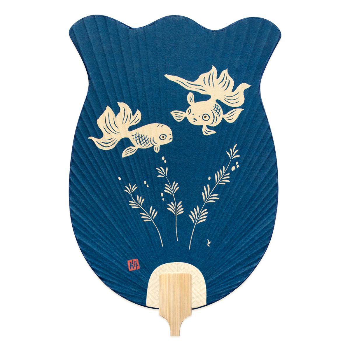徳力版画 団扇 金魚鉢型 夫婦金魚（白抜き紺地）