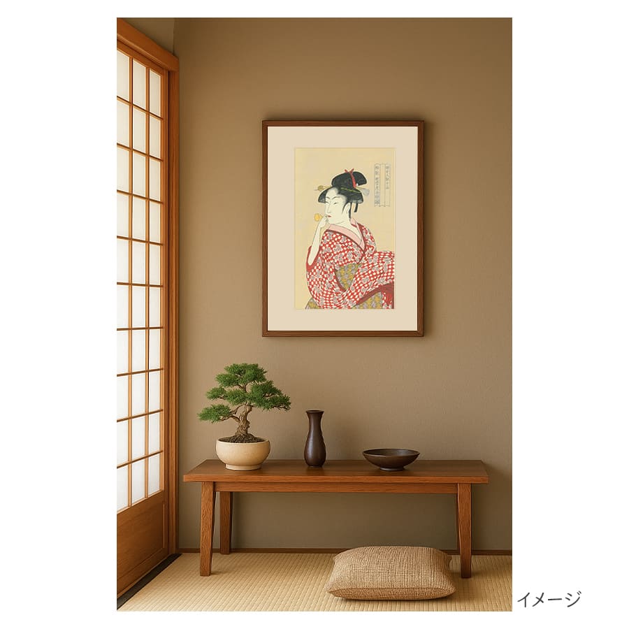 徳力版画 木版画 復刻版浮世絵 喜多川歌麿 婦女人相十品 ポッピン(ビードロ)を吹く娘（雲母摺） 5枚目